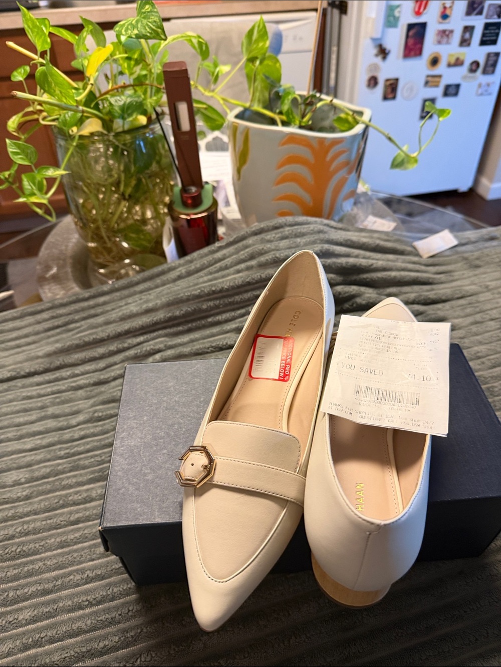 Cole Haan Cream Pointed-Toe Loafers with Gold Buckle